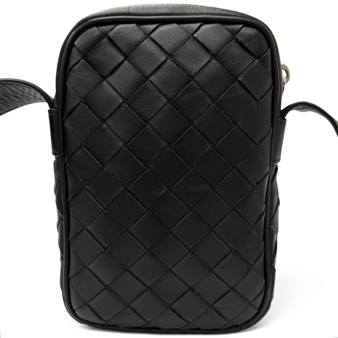 美品□BOTTEGAVENETA ボッテガヴェネタ 743214 レザー イントレチャート フォンポーチ ショルダーバッグ ブラック イタリア製 メンズ