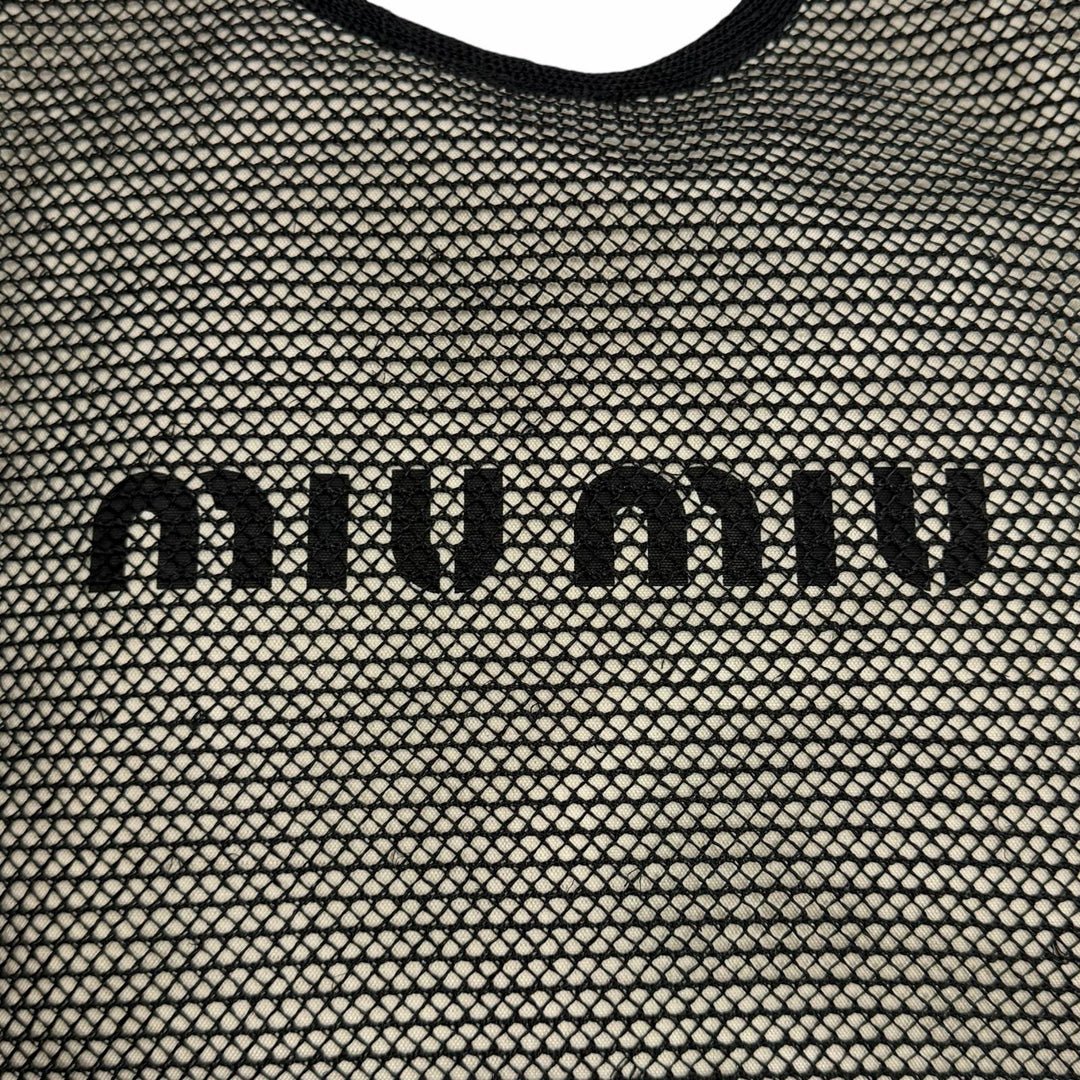 極美品★MIUMIU ミュウミュウ 5BG231 IVY アイビー NERO NATURAL ポーチ付 ロゴデザイン ラフィア メッシュ トートバッグ 保存袋付き