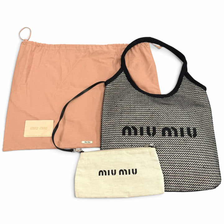 極美品★MIUMIU ミュウミュウ 5BG231 IVY アイビー NERO NATURAL ポーチ付 ロゴデザイン ラフィア メッシュ トートバッグ 保存袋付き
