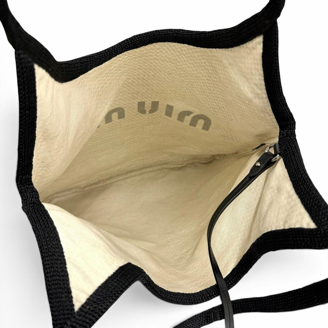 極美品★MIUMIU ミュウミュウ 5BG231 IVY アイビー NERO NATURAL ポーチ付 ロゴデザイン ラフィア メッシュ トートバッグ 保存袋付き