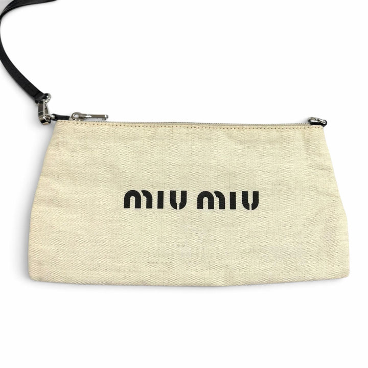 極美品★MIUMIU ミュウミュウ 5BG231 IVY アイビー NERO NATURAL ポーチ付 ロゴデザイン ラフィア メッシュ トートバッグ 保存袋付き