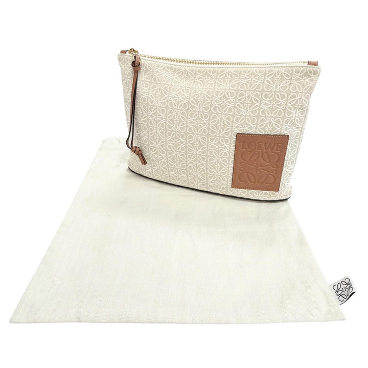 美品△LOEWE ロエベ C821C63X05 OBLONG POUCH オブロング ポーチ アナグラムレザーパッチ ジャガード クラッチバッグ ベージュ ブラウン