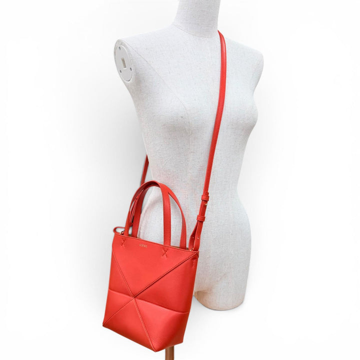 良品☆LOEWE ロエベ A657V25X01 パズル フォルド トート ミニ シャイニーカーフスキン 2WAYショルダーバッグ ハンドバッグ レッド