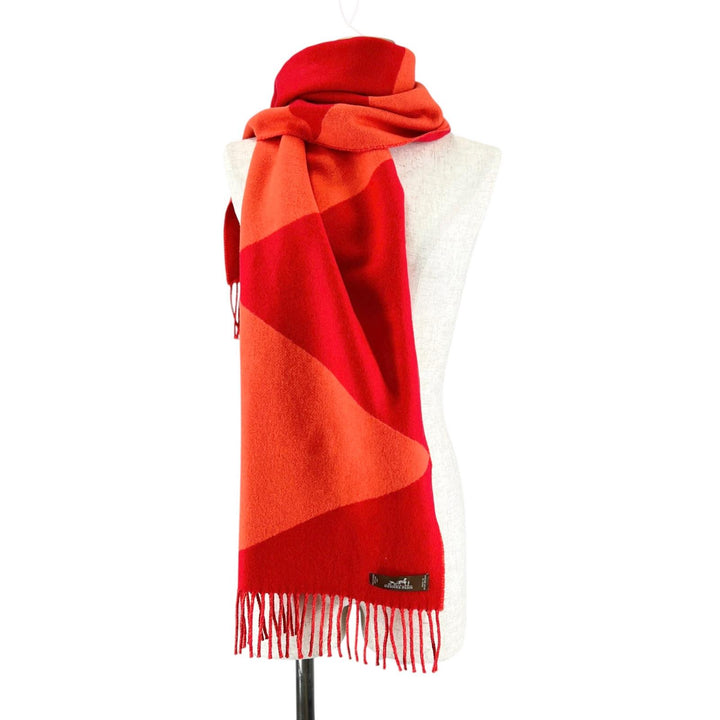 未使用品▲HERMES エルメス カシミヤ100% カザック・ジグザグ フリンジ付 マフラー レッド オレンジ イタリア製 レディース
