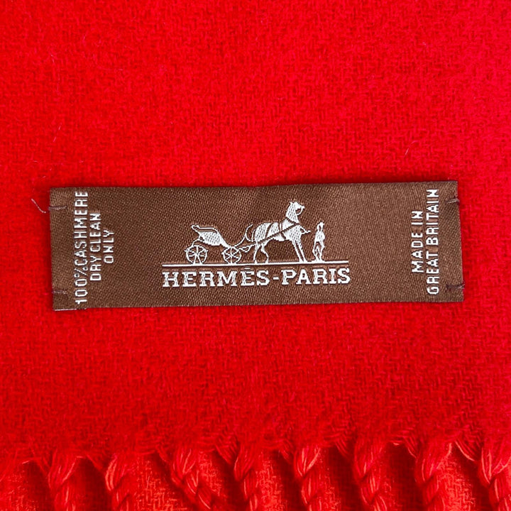 未使用品▲HERMES エルメス カシミヤ100% カザック・ジグザグ フリンジ付 マフラー レッド オレンジ イタリア製 レディース