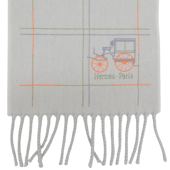 極美品▲HERMES エルメス クラン ブロデ ベルリンヌ カシミヤ100% ロゴ刺繍 フリンジ付き マフラー ライトグレー イタリア製 メンズ