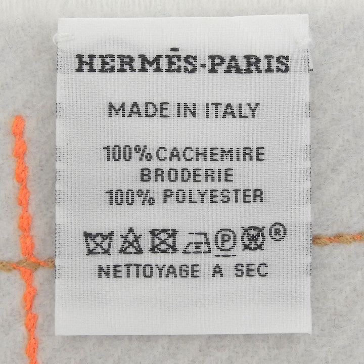 極美品▲HERMES エルメス クラン ブロデ ベルリンヌ カシミヤ100% ロゴ刺繍 フリンジ付き マフラー ライトグレー イタリア製 メンズ