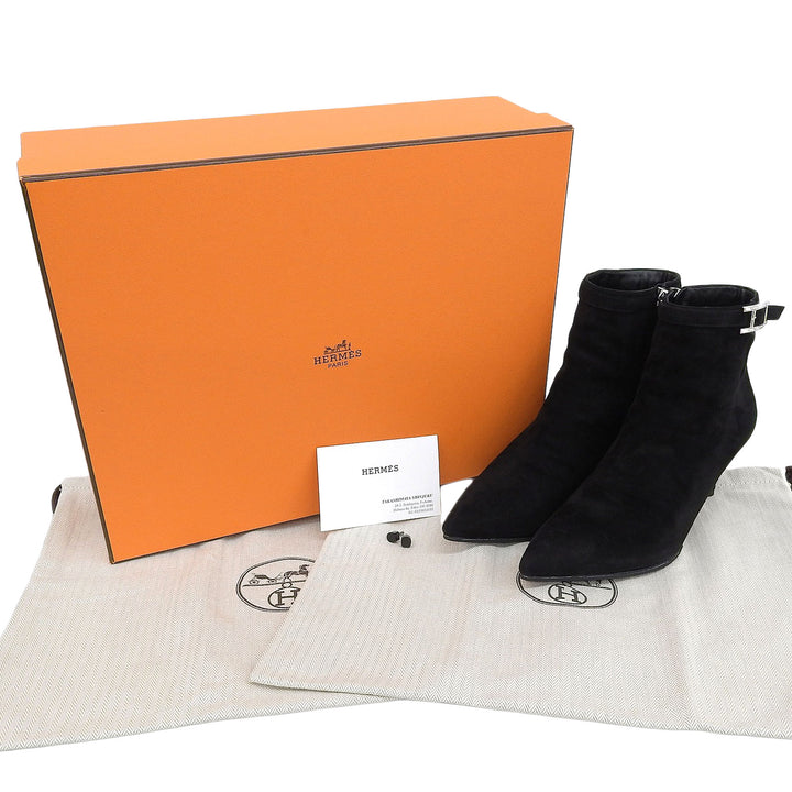 美品▲HERMES エルメス 202012Z ブランシュ クリスタルHバックル ポインテッドトゥ スウェードレザー ショートブーツ 37 レディース