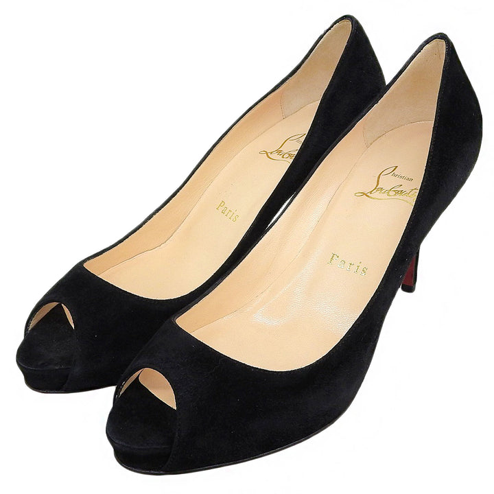 極美品▲Christian Louboutin クリスチャンルブタン オープントゥー スウェードレザー パンプス ブラック 37.5 伊製 レディース 箱付き