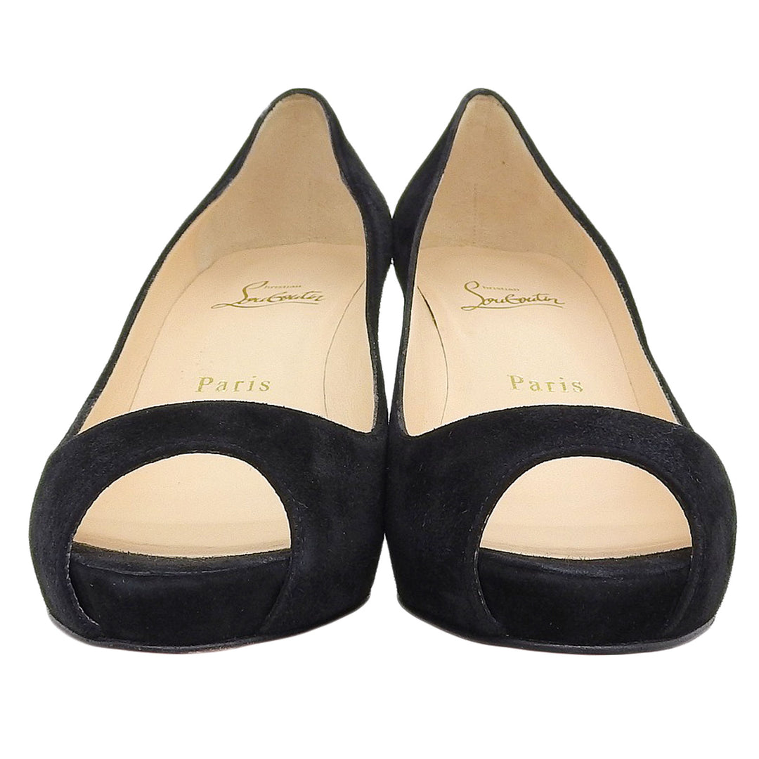 極美品▲Christian Louboutin クリスチャンルブタン オープントゥー スウェードレザー パンプス ブラック 37.5 伊製 レディース 箱付き