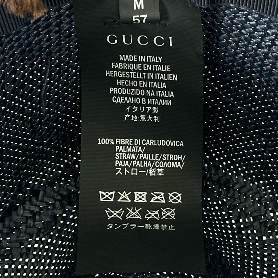 未使用品▲GUCCI グッチ 370640 レザーリボン ストローハット 帽子 麦わら帽子 ダークネイビー 57 イタリア製 正規品 メンズ