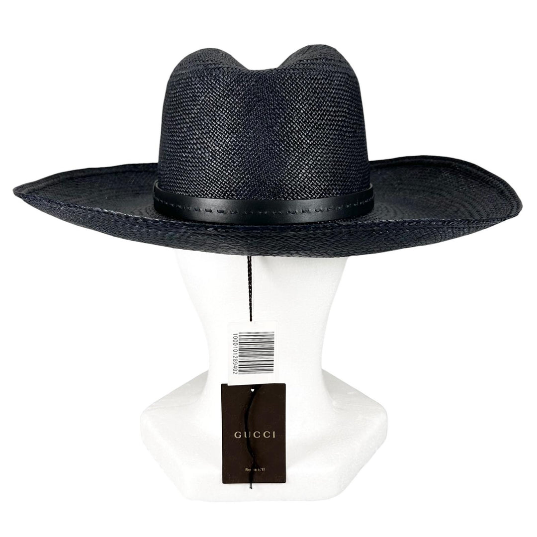 未使用品▲GUCCI グッチ 370640 レザーリボン ストローハット 帽子 麦わら帽子 ダークネイビー 57 イタリア製 正規品 メンズ