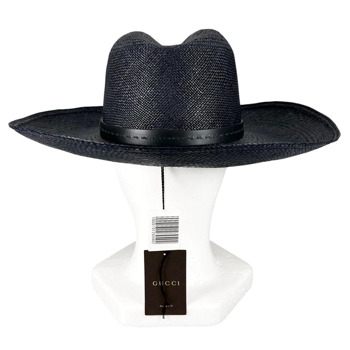 未使用品▲GUCCI グッチ 370640 レザーリボン ストローハット 帽子 麦わら帽子 ダークネイビー 57 イタリア製 正規品 メンズ