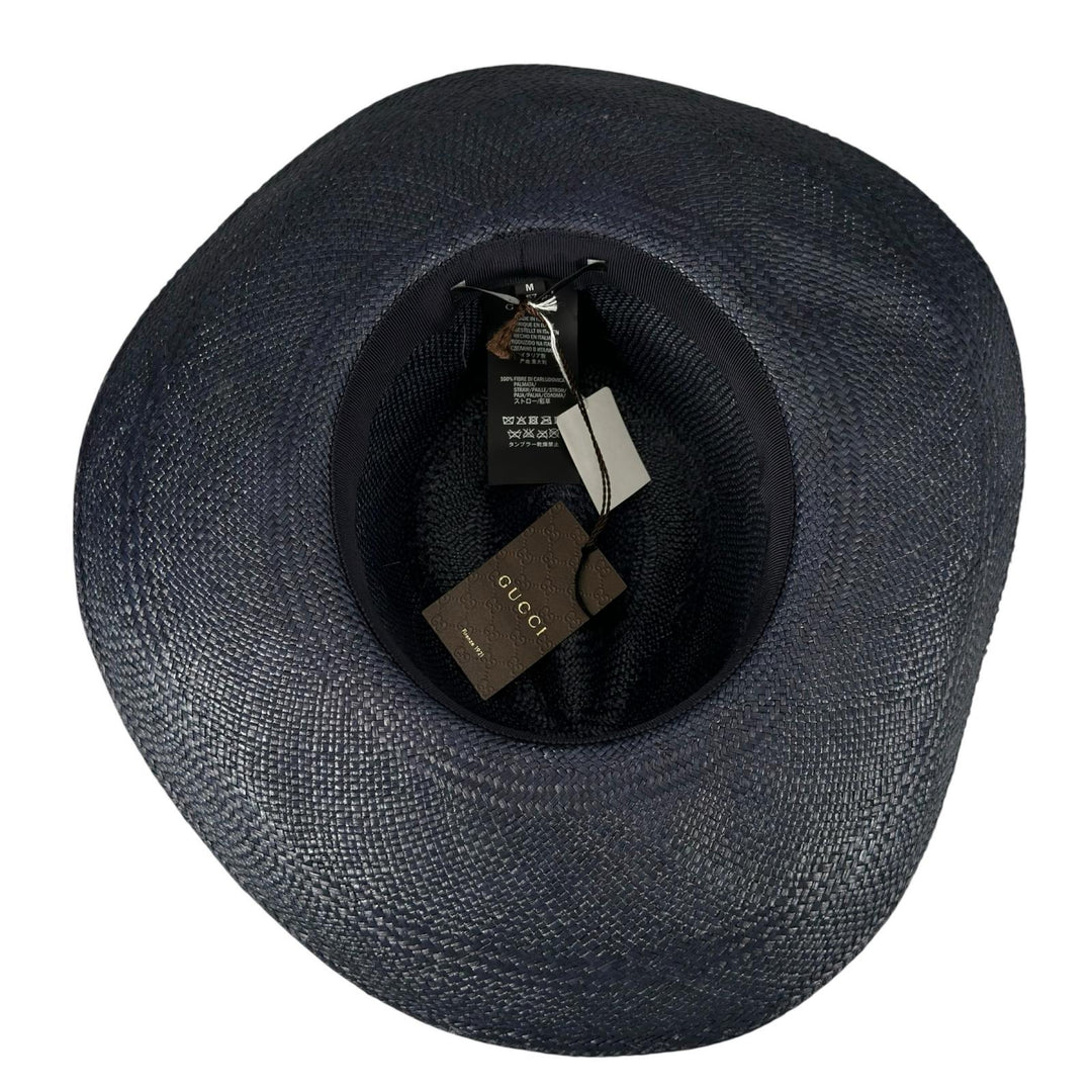 未使用品▲GUCCI グッチ 370640 レザーリボン ストローハット 帽子 麦わら帽子 ダークネイビー 57 イタリア製 正規品 メンズ