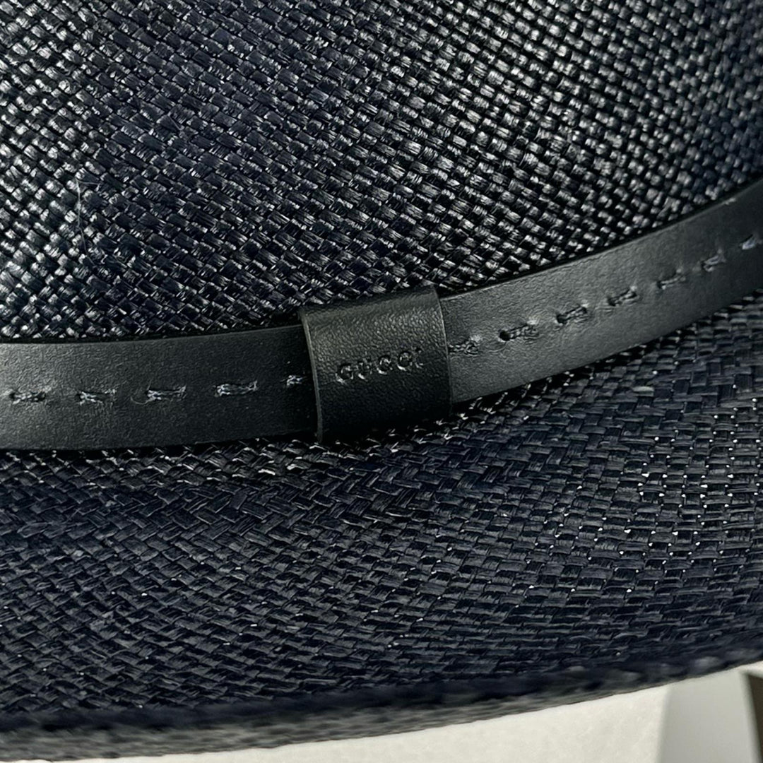 未使用品▲GUCCI グッチ 370640 レザーリボン ストローハット 帽子 麦わら帽子 ダークネイビー 57 イタリア製 正規品 メンズ