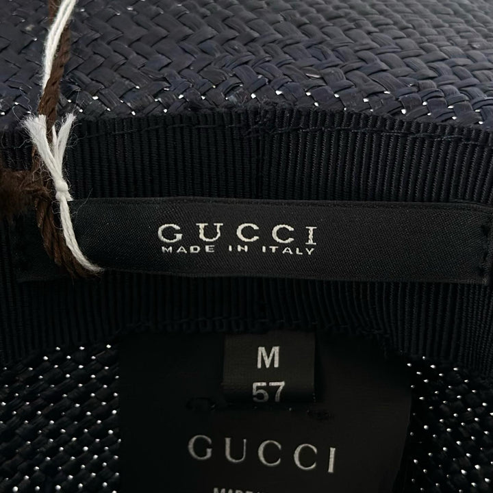 未使用品▲GUCCI グッチ 370640 レザーリボン ストローハット 帽子 麦わら帽子 ダークネイビー 57 イタリア製 正規品 メンズ