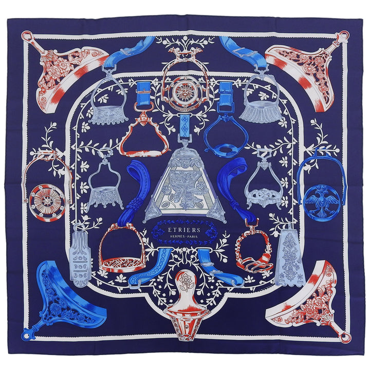 極美品▲HERMES エルメス ETRIERS エトリエ カレ90 シルク100% スカーフ ネイビー ブルー レッド フランス製 レディース 箱付き