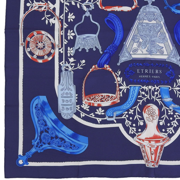 極美品▲HERMES エルメス ETRIERS エトリエ カレ90 シルク100% スカーフ ネイビー ブルー レッド フランス製 レディース 箱付き