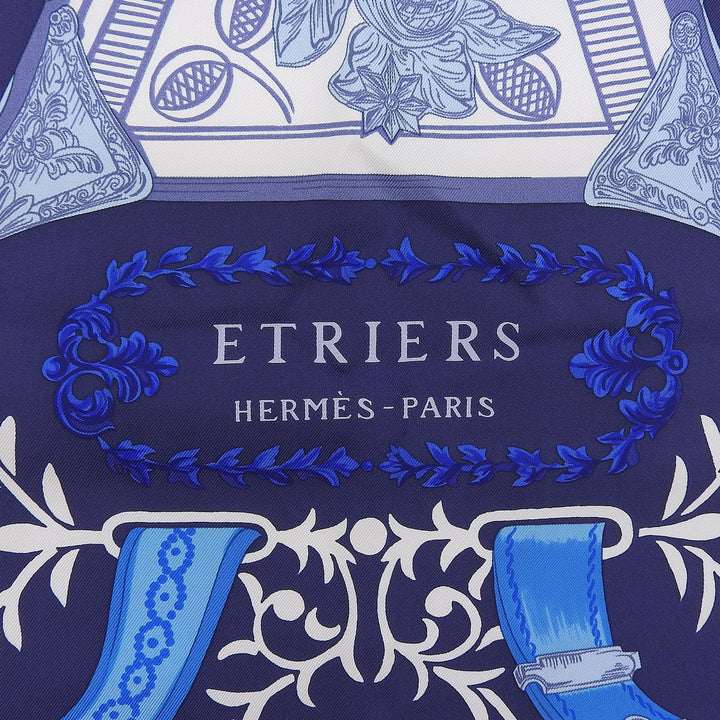 極美品▲HERMES エルメス ETRIERS エトリエ カレ90 シルク100% スカーフ ネイビー ブルー レッド フランス製 レディース 箱付き