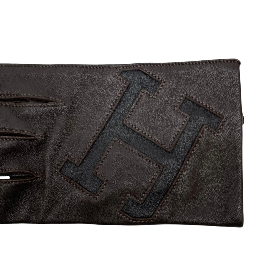 極美品▲HERMES エルメス ラムスキン 裏地シルク100% Hロゴ 手袋 レザーグローブ ダークブラウン 8.5 フランス製 メンズ