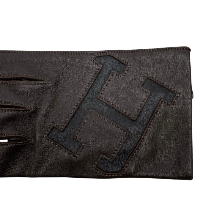 極美品▲HERMES エルメス ラムスキン 裏地シルク100% Hロゴ 手袋 レザーグローブ ダークブラウン 8.5 フランス製 メンズ