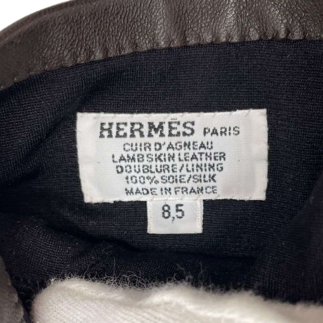 極美品▲HERMES エルメス ラムスキン 裏地シルク100% Hロゴ 手袋 レザーグローブ ダークブラウン 8.5 フランス製 メンズ