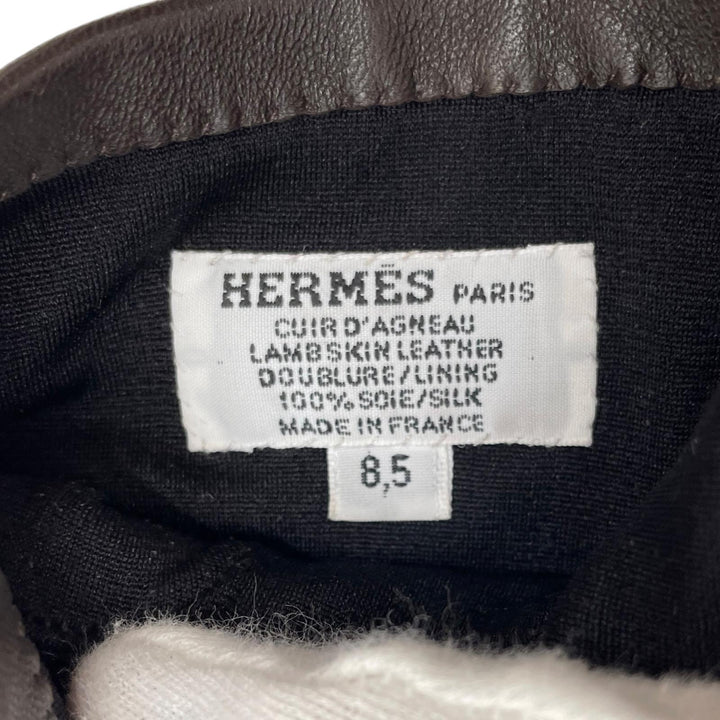 極美品▲HERMES エルメス ラムスキン 裏地シルク100% Hロゴ 手袋 レザーグローブ ダークブラウン 8.5 フランス製 メンズ