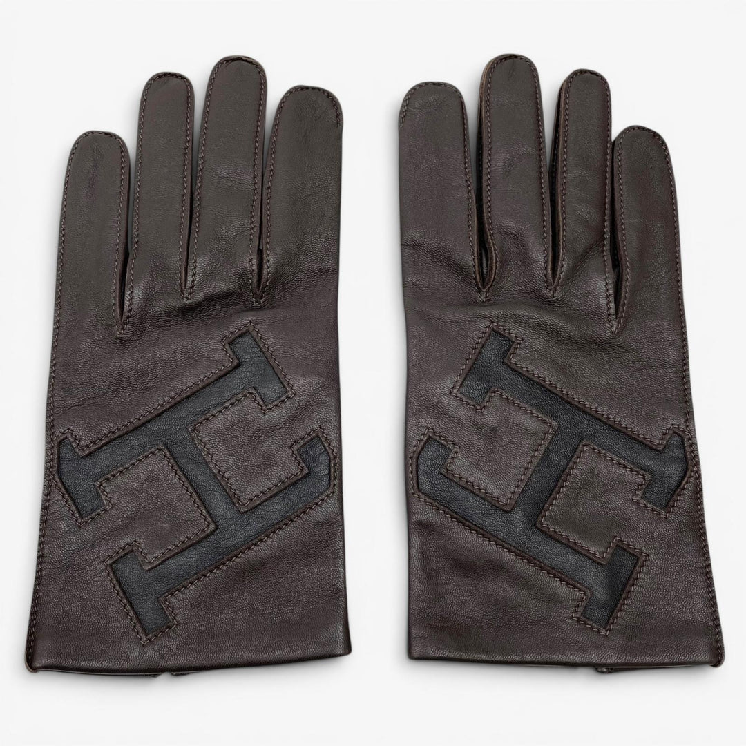 極美品▲HERMES エルメス ラムスキン 裏地シルク100% Hロゴ 手袋 レザーグローブ ダークブラウン 8.5 フランス製 メンズ