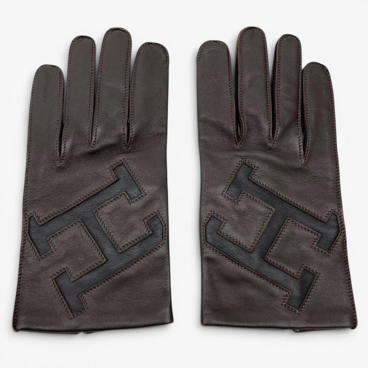 極美品▲HERMES エルメス ラムスキン 裏地シルク100% Hロゴ 手袋 レザーグローブ ダークブラウン 8.5 フランス製 メンズ