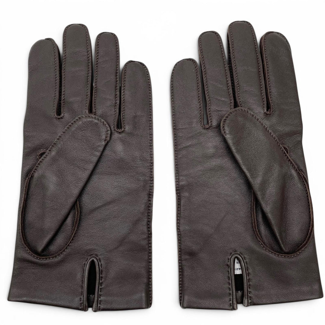 極美品▲HERMES エルメス ラムスキン 裏地シルク100% Hロゴ 手袋 レザーグローブ ダークブラウン 8.5 フランス製 メンズ