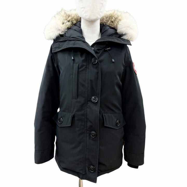 美品◇CANADA GOOSE カナダグース 2300JL CHARLOTTE PARKA ロゴワッペン ファー フード付き ダウンジャケット 黒 M 正規品 レディース