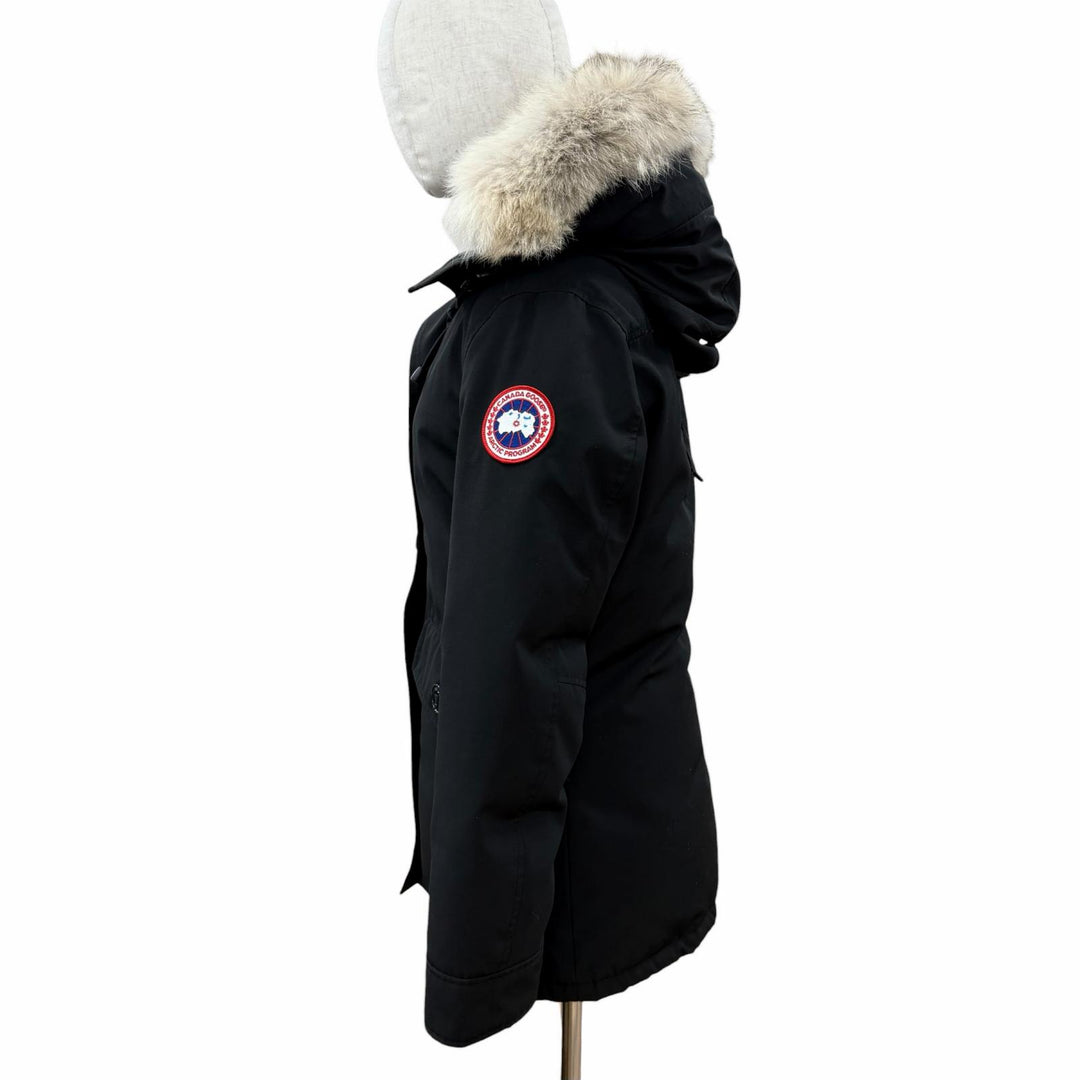 美品◇CANADA GOOSE カナダグース 2300JL CHARLOTTE PARKA ロゴワッペン ファー フード付き ダウンジャケット 黒 M 正規品 レディース