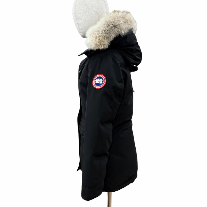 美品◇CANADA GOOSE カナダグース 2300JL CHARLOTTE PARKA ロゴワッペン ファー フード付き ダウンジャケット 黒 M 正規品 レディース