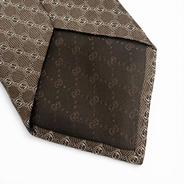 極美品△GUCCI グッチ シルク100％ インターロッキングG ジャガード 総柄 ネクタイ ダークブラウン 148×8cm イタリア製 正規品 メンズ