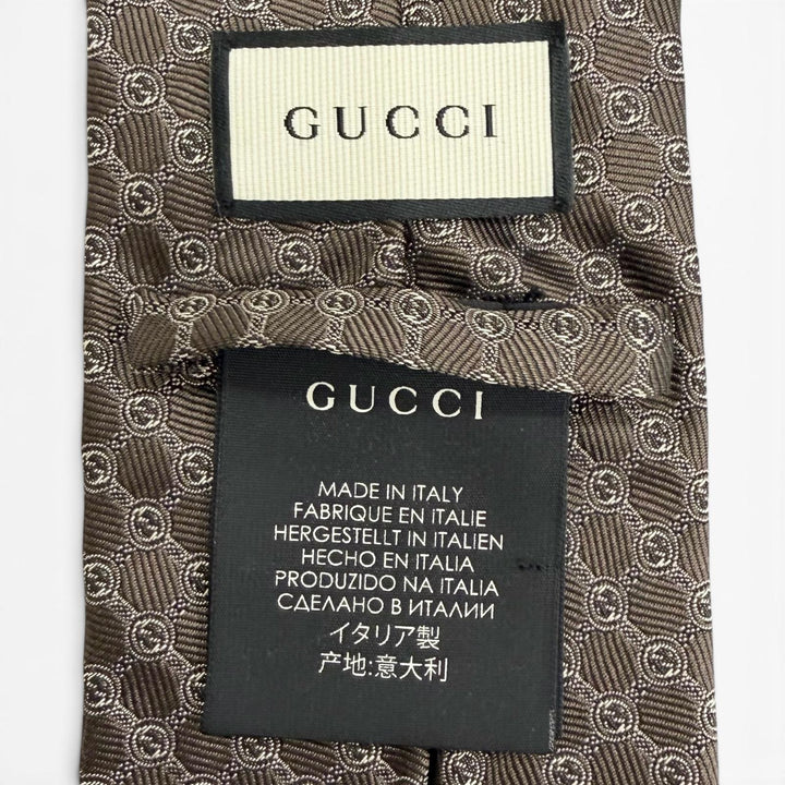 極美品△GUCCI グッチ シルク100％ インターロッキングG ジャガード 総柄 ネクタイ ダークブラウン 148×8cm イタリア製 正規品 メンズ