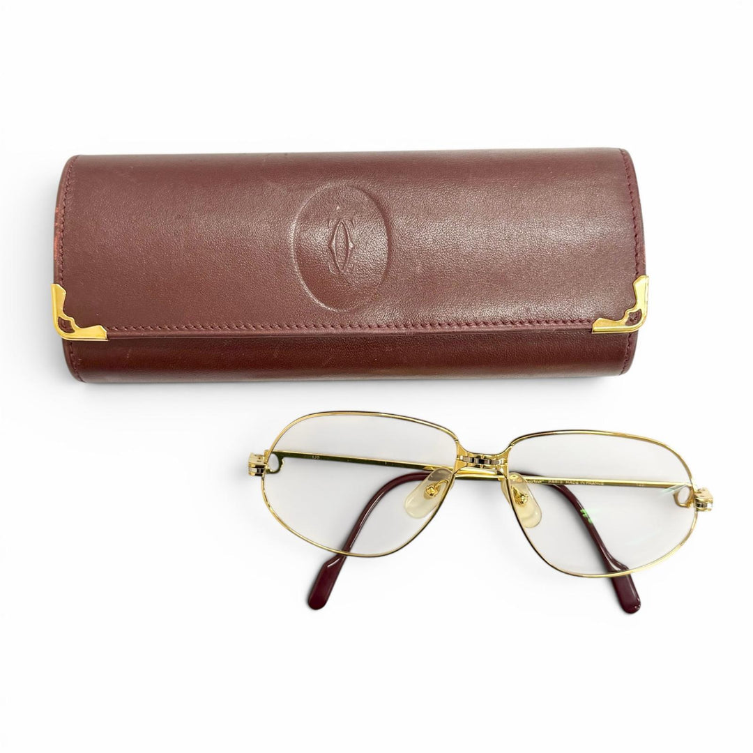 良品△Cartier カルティエ ヴィンテージ マイヨン パンテール メガネ 眼鏡 アイウェア ゴールド ボルドー 56□14 135 度入り 仏製 メンズ