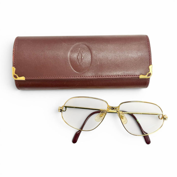 良品△Cartier カルティエ ヴィンテージ マイヨン パンテール メガネ 眼鏡 アイウェア ゴールド ボルドー 56□14 135 度入り 仏製 メンズ