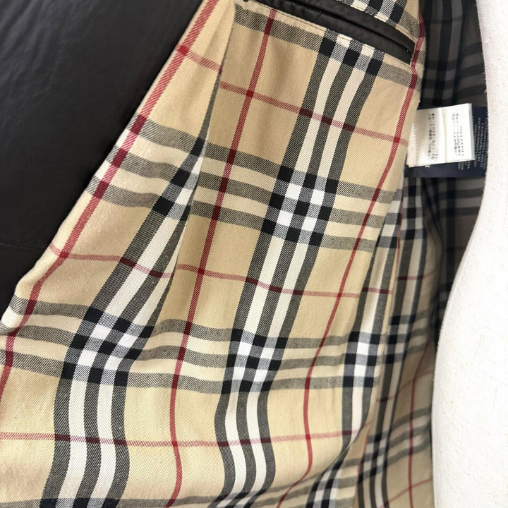 美品□BURBERRY LONDON バーバリーロンドン 羊革 ラムレザー 裏ノバチェック柄 ステンカラーコート ブラック 50 英国製 正規品 メンズ