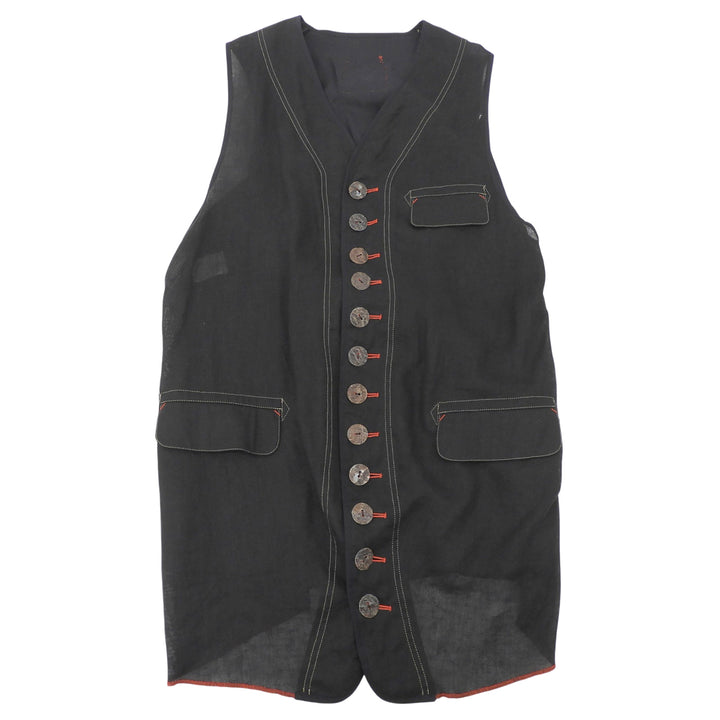 極美品▲Jean Paul GAULTIER HOMME ジャンポールゴルチエ オム リネン100% ステッチワーク ジレ ベスト ブラック 48 日本製 正規品 メンズ