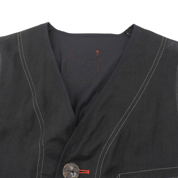 極美品▲Jean Paul GAULTIER HOMME ジャンポールゴルチエ オム リネン100% ステッチワーク ジレ ベスト ブラック 48 日本製 正規品 メンズ