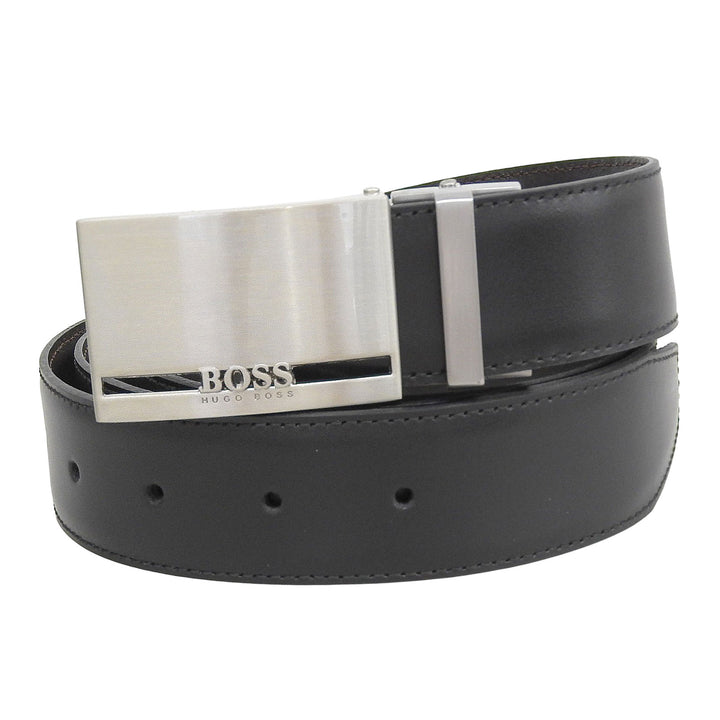 未使用品▲HUGO BOSS ヒューゴボス レザー ロゴ スクエアバックル リバーシブル ベルト ブラック ブラウン シルバー金具 110-42 箱付き
