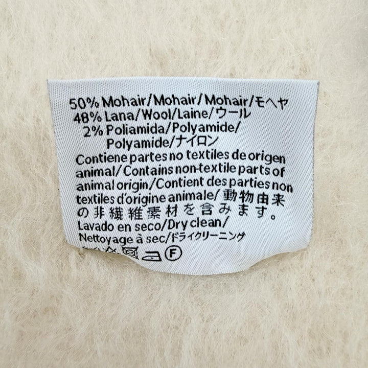 極美品◇LOEWE ロエベ モヘア ウール アナグラムレザーパッチ フリンジ付き マフラー アイボリー スペイン製 正規品 レディース 箱付き