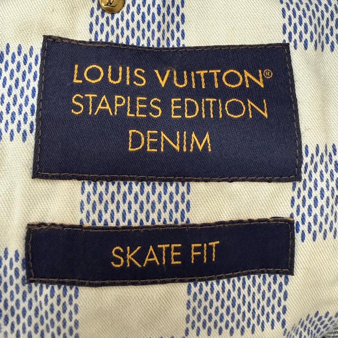 極美品□LOUIS VUITTON ルイヴィトン 2025年製 ヴィンテージ加工 ダミエパッチ LVロゴ刺繍 デニムパンツ ブルー 28 イタリア製 正規品