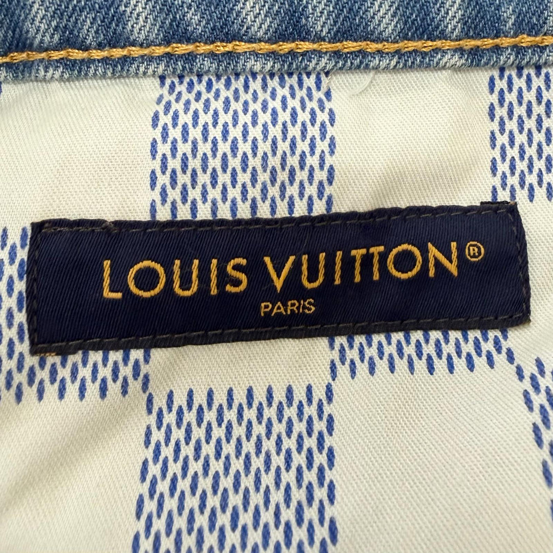 極美品□LOUIS VUITTON ルイヴィトン 2025年製 ヴィンテージ加工 ダミエパッチ LVロゴ刺繍 デニムパンツ ブルー 28 イタリア製 正規品