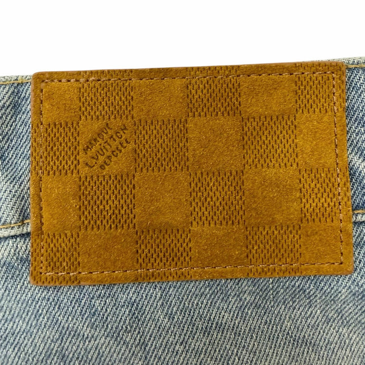 極美品□LOUIS VUITTON ルイヴィトン 2025年製 ヴィンテージ加工 ダミエパッチ LVロゴ刺繍 デニムパンツ ブルー 28 イタリア製 正規品