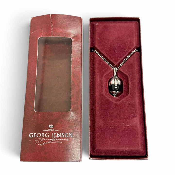美品△Georg Jensen ジョージジェンセン 1991 925 オニキス ローズヒップモチーフ イヤーペンダント ネックレス Tバー 重量12.99g 箱付