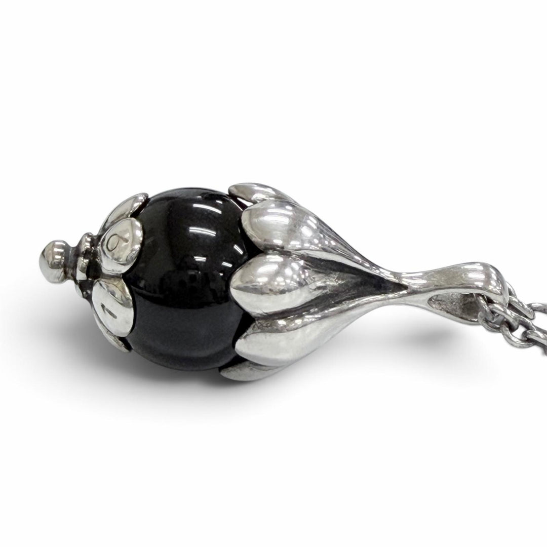 美品△Georg Jensen ジョージジェンセン 1991 925 オニキス ローズヒップモチーフ イヤーペンダント ネックレス Tバー 重量12.99g 箱付