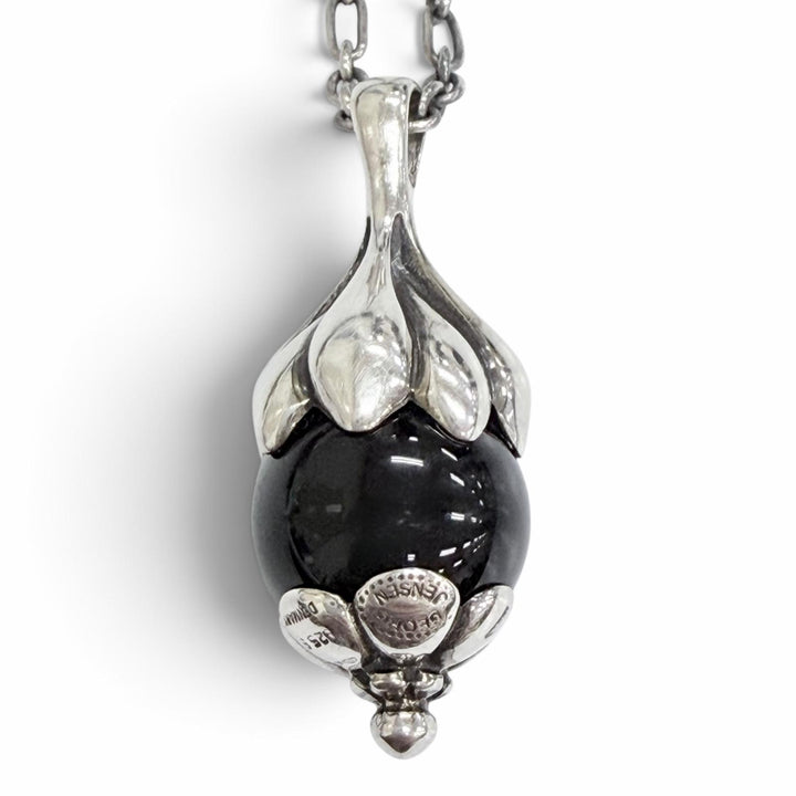 美品△Georg Jensen ジョージジェンセン 1991 925 オニキス ローズヒップモチーフ イヤーペンダント ネックレス Tバー 重量12.99g 箱付