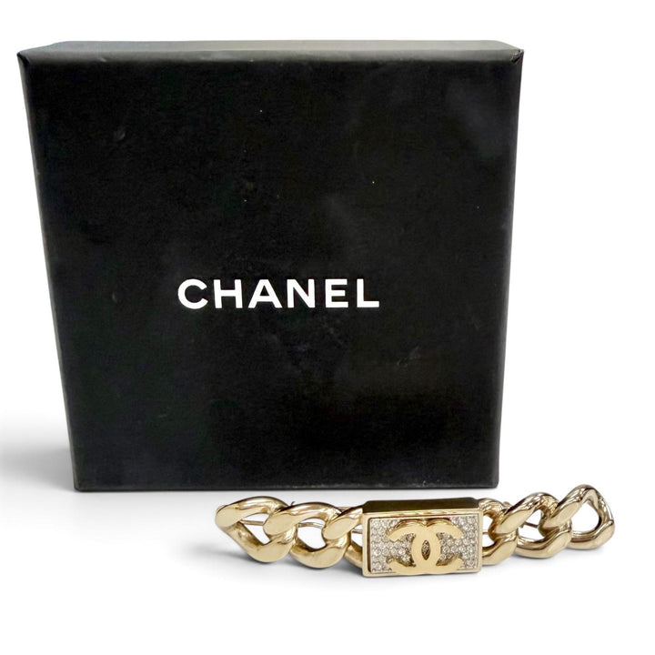 美品△CHANEL シャネル B21C ココマーク ラインストーン 喜平チェーンモチーフ ヘアクリップ ヘアアクセサリー バレッタ ゴールド 箱付き