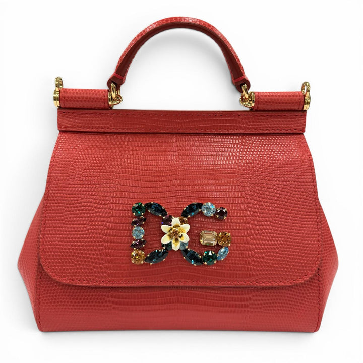 極美品◇DOLCE&amp;GABBANA ドルチェ＆ガッバーナ SICILY イグアナプリントレザー クリスタル DGロゴパッチ チェーンショルダー/ハンドバッグ